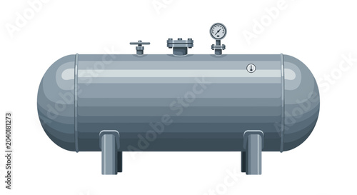 Large industrial storage tank with pressure gauge and valves for storing liquids or gases, conceptual illustration