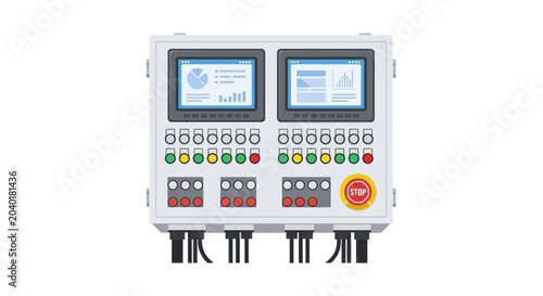 Industrial electrical control panel with digital display screens and push buttons vector illustration