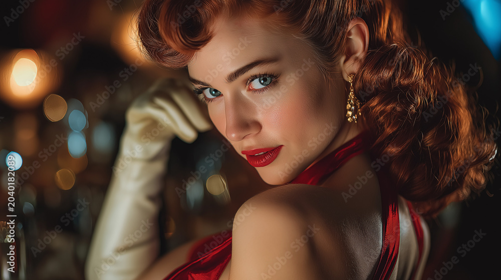 Fototapeta premium Elegant red-haired woman in evening gown with glamorous vintage style lighting