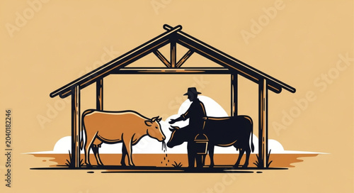 Farmer feeding cows inside a rustic barn structure.