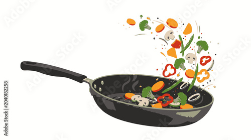 Black frying pan with vegetables.