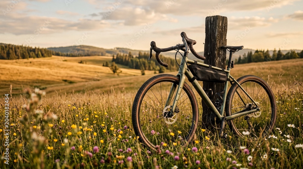Fototapeta premium Modern Gravel Bicycle Resting on Wooden Fence in Golden Hour Meadow for Outdoor Adventure Banner