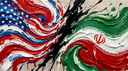 Symbolic Clash of Flags: A textured, abstract representation merges the flags of the United States and Iran, with bold strokes of red, white, blue, black.