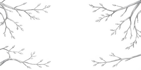 Realistic pencil sketch featuring decorative tree branches framing the image edges with fine graphite strokes and authentic hand-drawn texture.