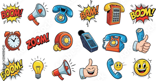 Set of colorful pop art communication elements and retro technology icons with megaphone telephone lightbulb thumbsup communication colorful illustration business marketing announcement