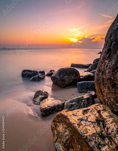 Sunset over rocky beach with seagulls resting.