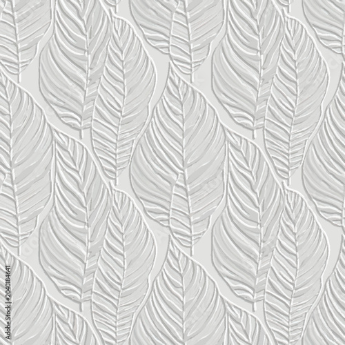 Tableau sur toile Light grey 3D embossed seamless pattern with banana leaves texture