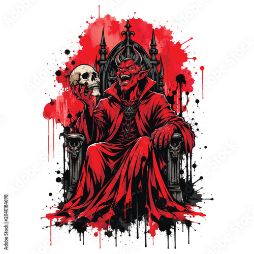 Bild auf Leinwand Dark fantasy vector illustration of a red demon king on a gothic throne holding a skull