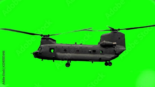 A high-quality 3D animated model of a dual-rotor Chinook military helicopter flying against a green screen. Ideal for military simulations, defense media, and action-oriented motion graphics.