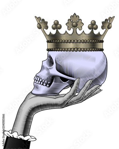 A drawing of a woman's hand holding a human skull with a golden crown in its palm. Vector
 conceptual illustration in vintage line and engraving style.