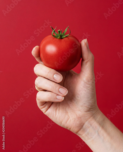 Hand holding a fresh tomato. Fruit and vegetables for healthy eating