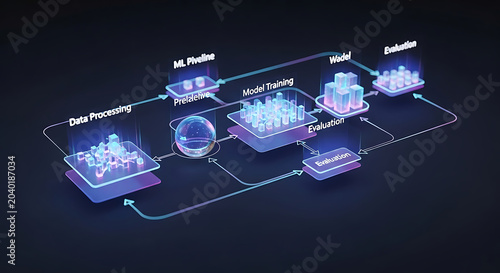 Abstract 3d visualization of machine learning pipeline and data processing workflow