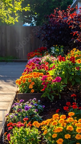 Colorful autumn flower bed with blooming plants.