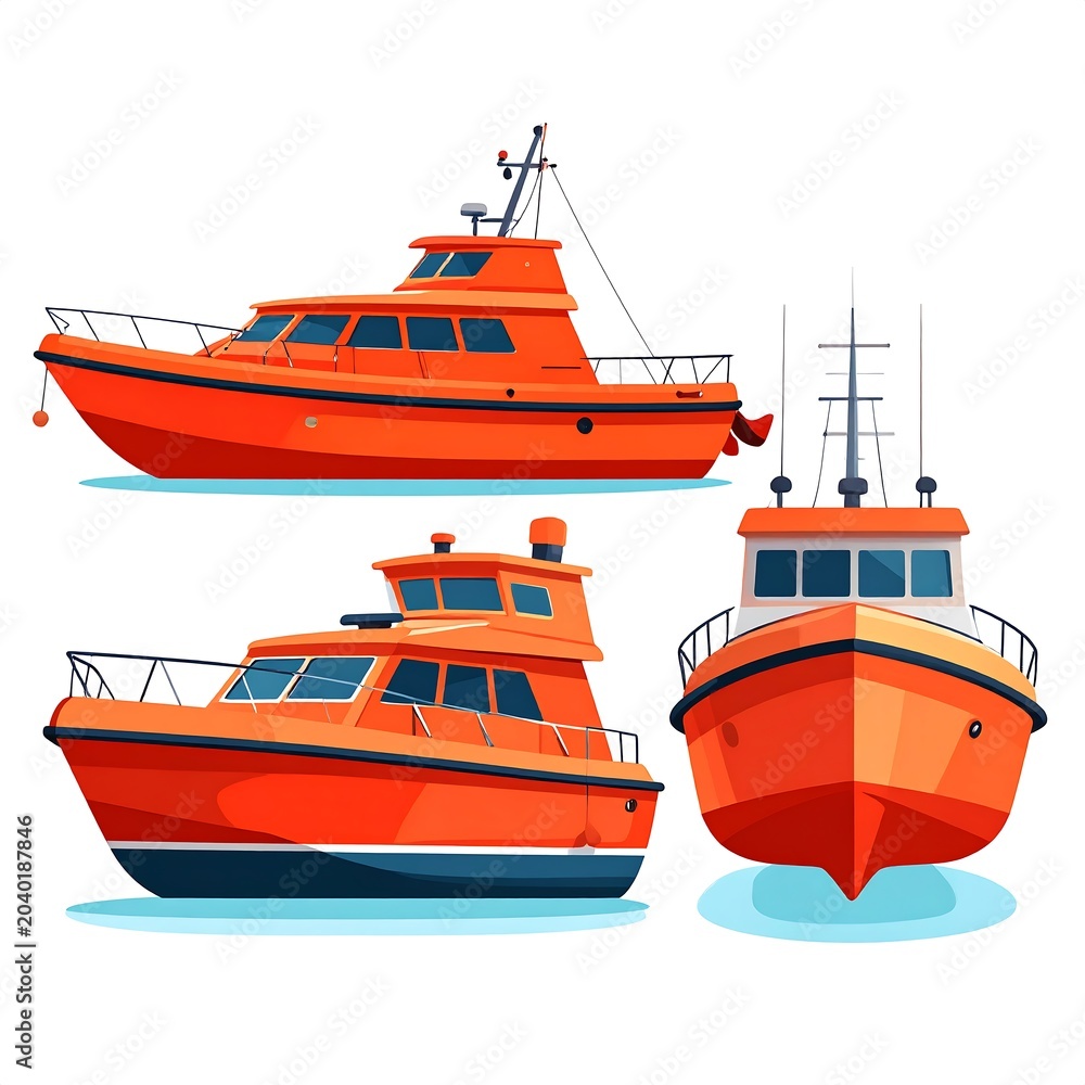 Fototapeta premium Red and blue ferry boats on calm water.