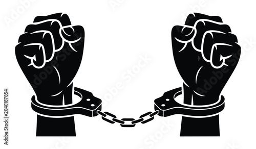 Bilde på lerret Handcuffs Symbolizing Captivity: Two clenched fists bound together by handcuffs, a powerful graphic representation of restriction and lack of freedom