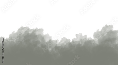 Ethereal gray clouds drift across a bright white sky, creating a soft atmospheric backdrop