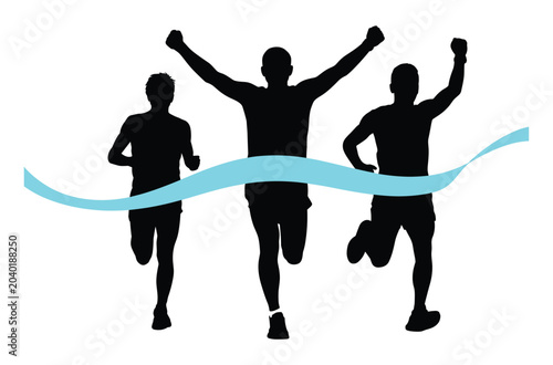 Foto Runner at Finish Line: Silhouette of a runner crossing the finish line with arms raised in victory