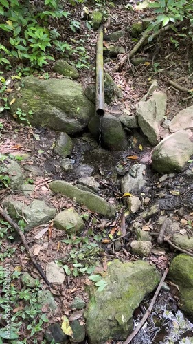 Water flowing from old pipe into mossy rocks in rural forest setting