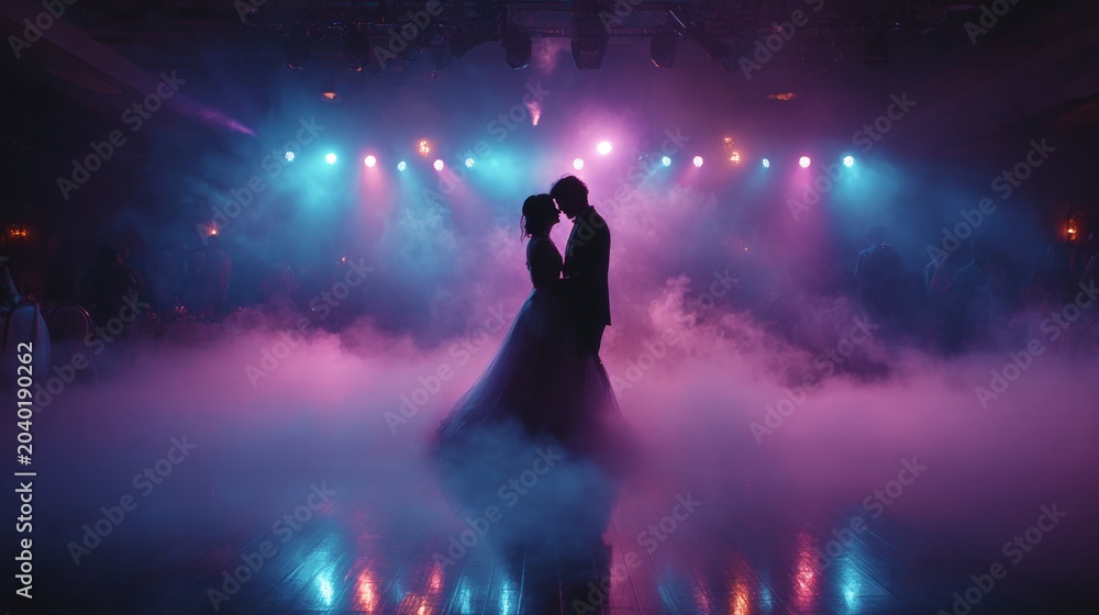 Fototapeta premium Romantic Silhouette of Couple Dancing in Smoke and Neon Lights