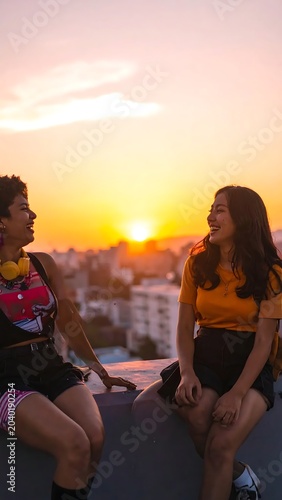 Two women enjoying a sunset together outdoors.