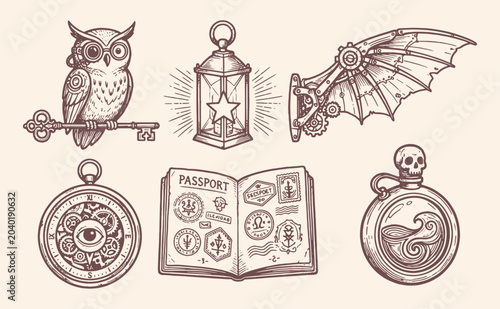 Steampunk Vintage Hand Drawn Icon Set with Mechanical Owl Lantern Wing Clock Passport and Potion Bottle Illustrations
