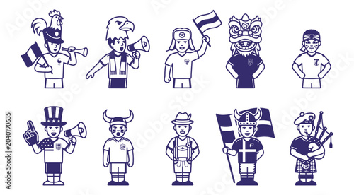 Vector Set of Diverse International Football Soccer Fans and Supporters Character Icons