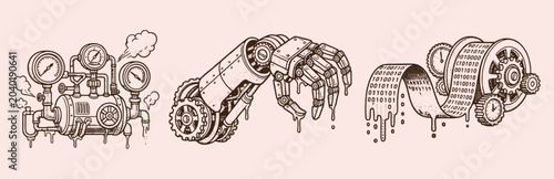 Vintage Steampunk Mechanical Illustrations Set with Robotic Hand Industrial Boiler and Binary Data Processor