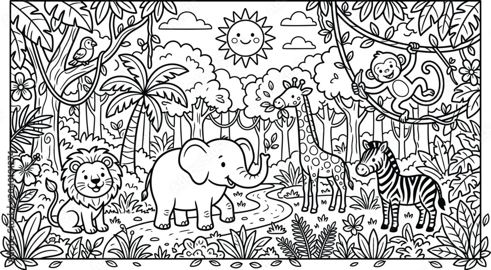 Obraz premium Jungle Animals Coloring Page for Kids Elephant Lion Giraffe Zebra Safari Art Set