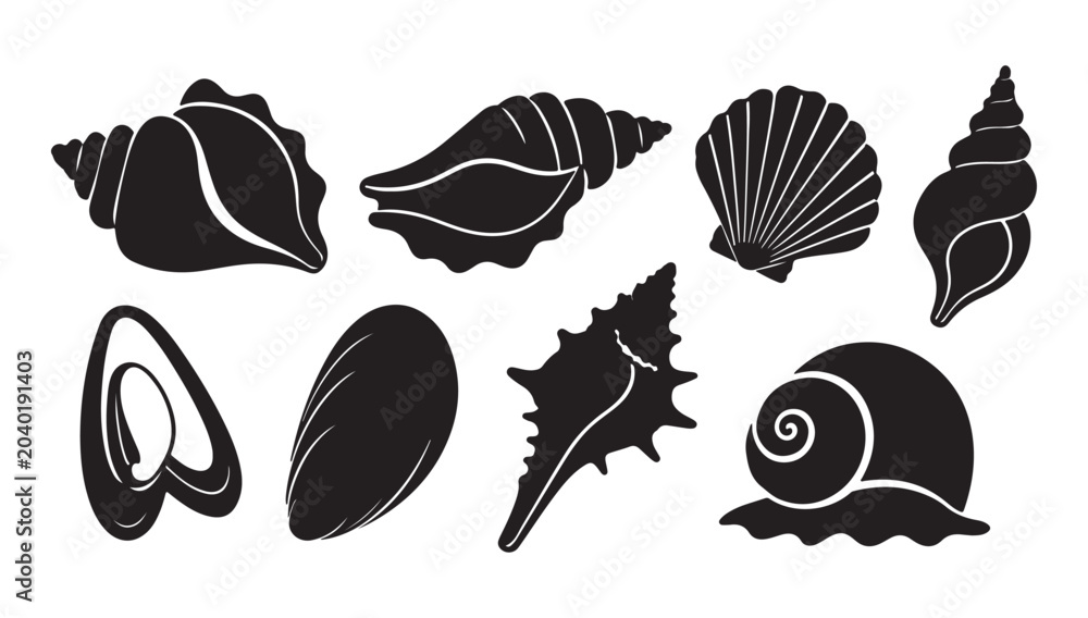 Fototapeta premium Seashell Silhouettes Vector Set - Beach and Ocean Icons