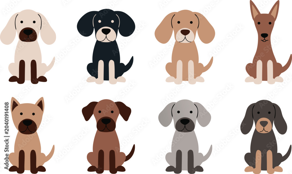 Obraz premium Adorable set of cartoon-style sitting dog icons in various breeds and natural colors, featuring friendly faces and simple shapes, ideal for pet-themed designs, apps, or educational materials