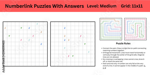Number link Puzzles With Answers Level Medium Grid 11x11 best to enhance brain muscle memory for both kids and adults perfect for digital use or large print activity or books publishing