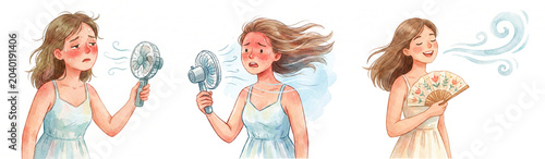 Young woman feeling hot and using fan and hand fan for relief  