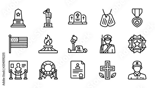 Photos Military Memorial Icons: Tombstone, Flag, Soldier, Medal, Wreath, Dog Tags, Vect