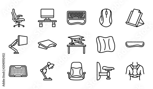 Foto Ergonomic Office Setup Icons, Workspace Comfort Equipment Vector Set, Desk Acces