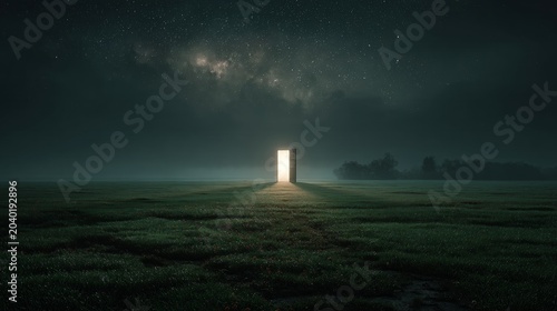 Glowing Doorway in Field Under Starry Night Sky