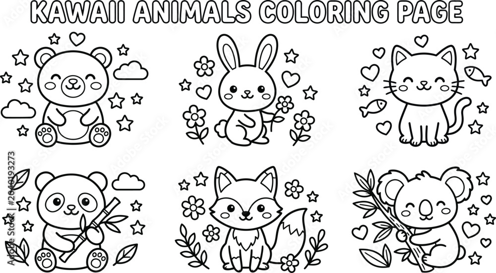 Fototapeta premium Kawaii Animals Coloring Page Set Kids Activity Printable Line Art Collection