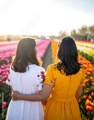 Two young girls wearing flower crowns outdoors.