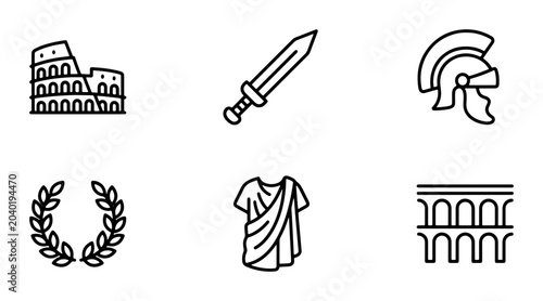 Bild auf Leinwand Ancient Rome Icons Set: Colosseum, Gladiator Sword, Helmet, Laurel Wreath, Toga,