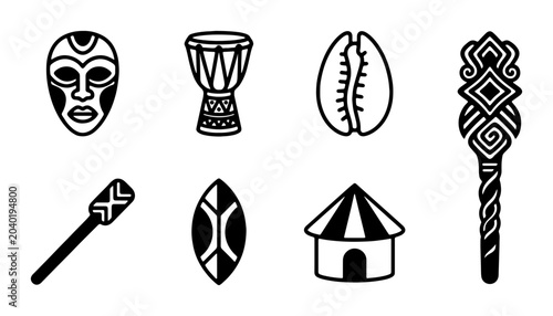 Tablou pe pânză African Tribal Icons Set: Mask, Drum, Hut, Shield, Staff, Shell, Vector Art