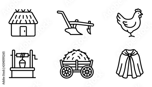 Schilderij op canvas Farm Icons Set: Rural Village Elements, Countryside Life, Agricultural Tools, Ru