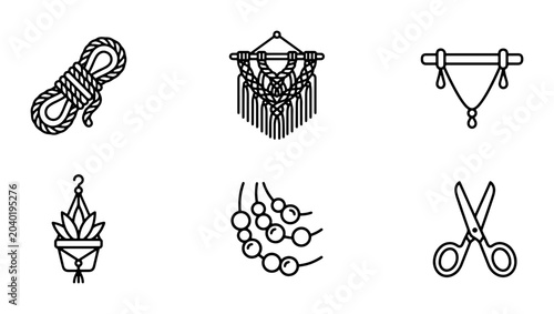 Bild auf Leinwand Macrame Craft Icons, Rope, Plant Hanger, Beads, Scissors, DIY Handmade Decor Ele