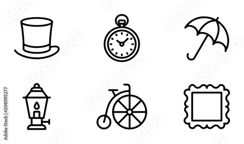 Quadro su tela Vintage Icons Set: Top Hat, Pocket Watch, Umbrella, Lantern, Bicycle, Frame