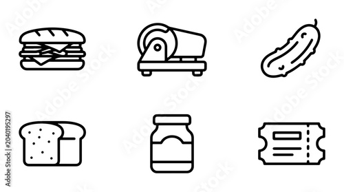 Photos Food Icons Set: Sandwich, Slicer, Pickle, Bread, Jar, Ticket, Vector Graphics