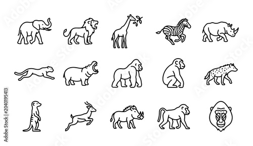 Photography African Safari Animals Vector Icons Set, Wildlife Collection, Zoo Creatures, Nat