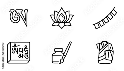 Tableau sur toile Tibetan Buddhist Symbols Vector Icons, Sacred Om Mantra, Lotus Flower, Prayer Fl
