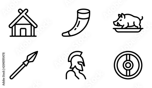 Photos Viking Icons Set: Norse Warrior, Mead Horn, Shield, Spear, Hut, Boar Feast Vecto