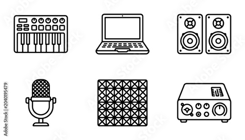 Cuadro en lienzo Music Production Icons: Keyboard, Laptop, Speakers, Microphone, Audio Interface,