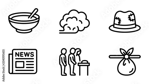Bild auf Leinwand Poverty Icons Set: Bowl, Brain, Hat, Newspaper, Queue, Bundle