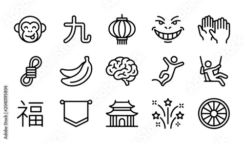 Canvas Print Chinese New Year Icons: Monkey, Lantern, Fireworks, Temple, Zodiac Symbols, Vect