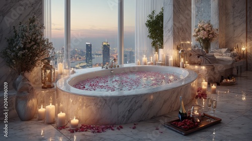Luxurious Penthouse Bathroom with Cityscape View at Dusk, Romantic Rose Petal Bath & Champagne